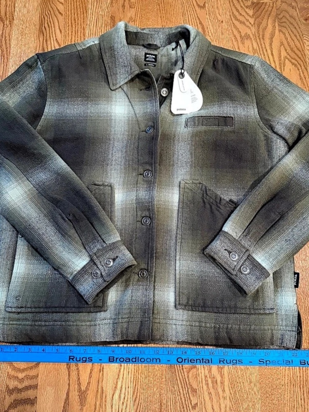 prAna NWT Women’s L Plaid Herringbone Shirt Jacket Shacket Olive Gray